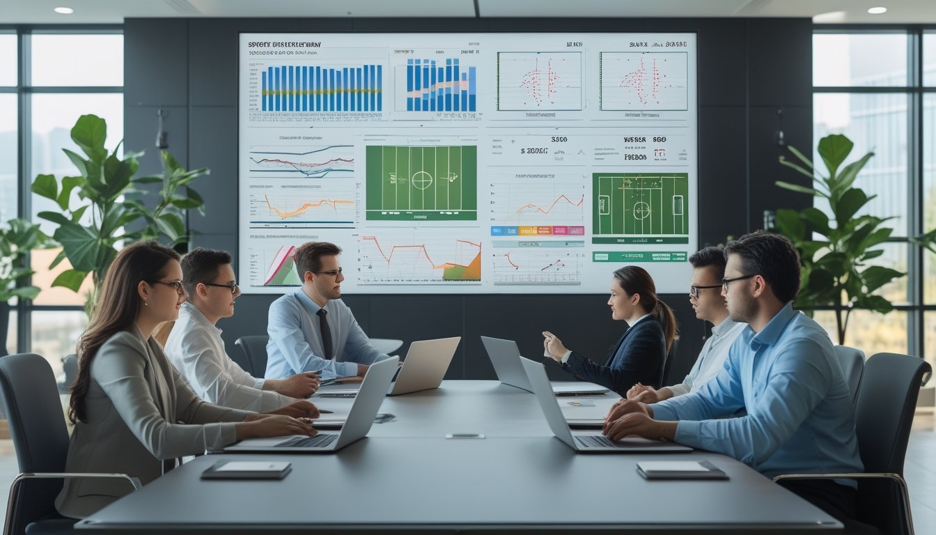 Sekelompok analis olahraga sedang berdiskusi di ruang kantor modern dengan layar besar yang menampilkan grafik dan diagram strategi pertandingan sepak bola.