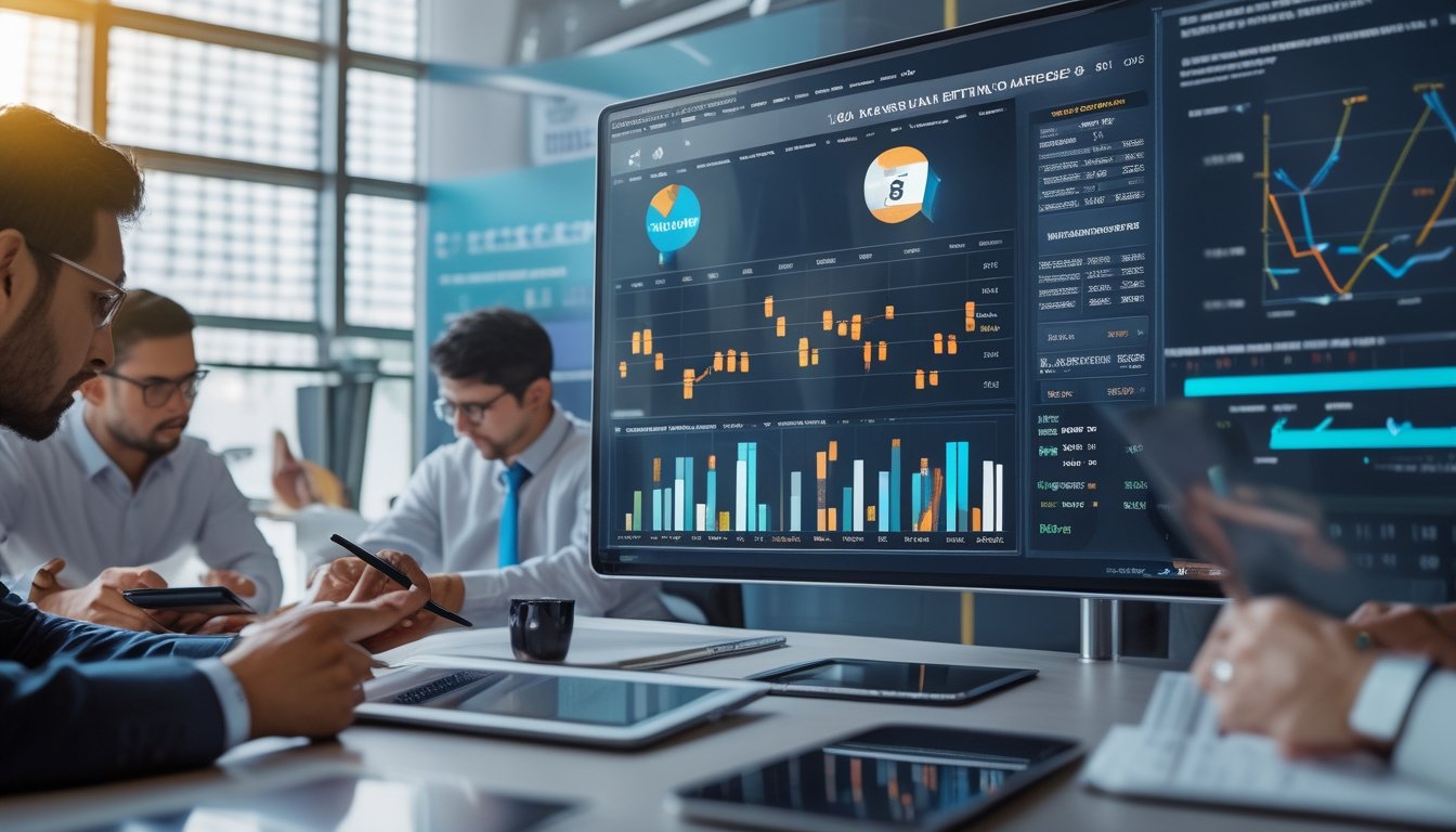 Sekelompok profesional sedang berdiskusi dan menganalisis data taruhan olahraga di sebuah kantor modern.
