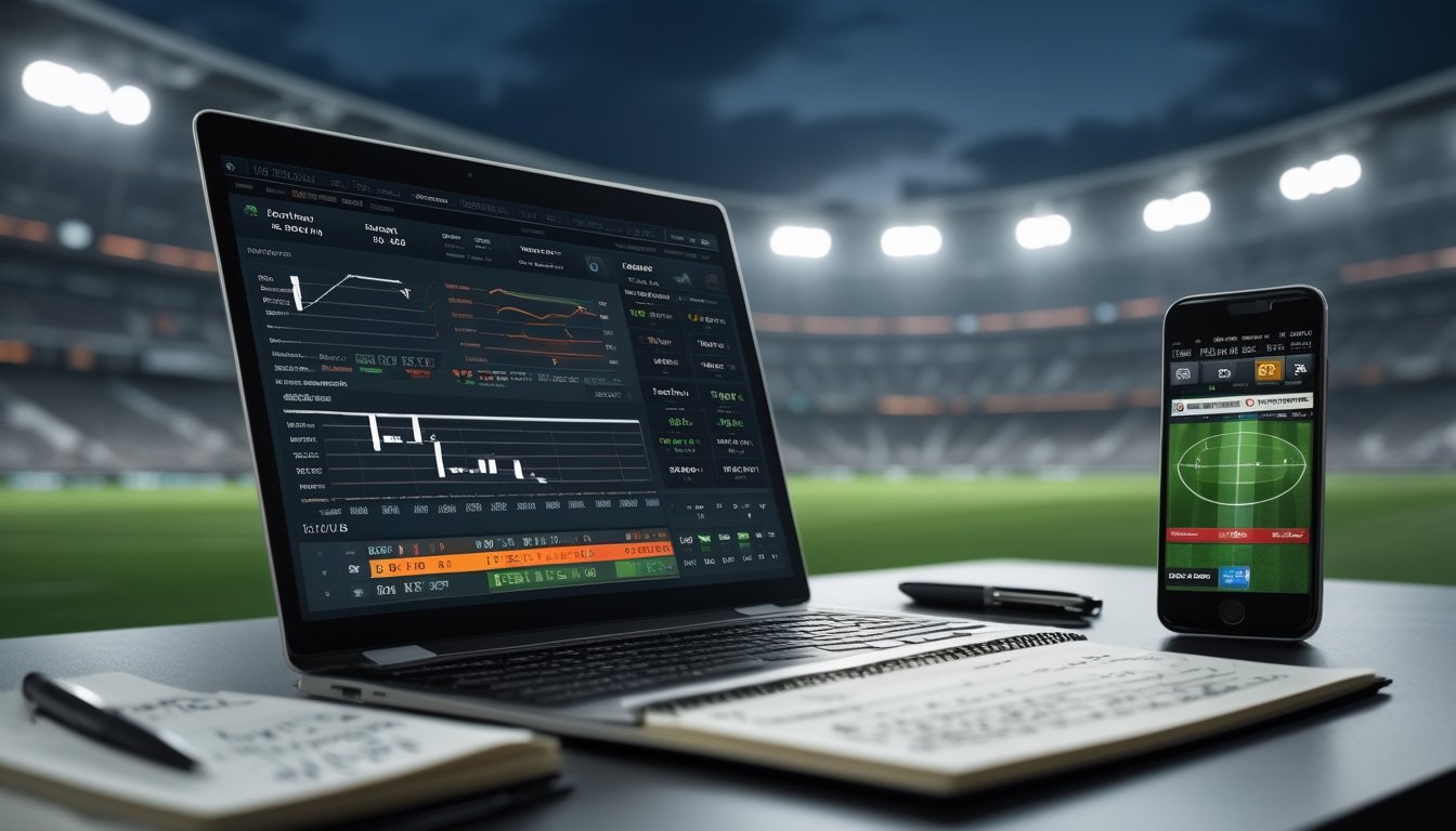Seorang profesional sedang menganalisis data taruhan sepak bola dengan laptop dan catatan di meja, latar belakang stadion sepak bola terlihat samar.