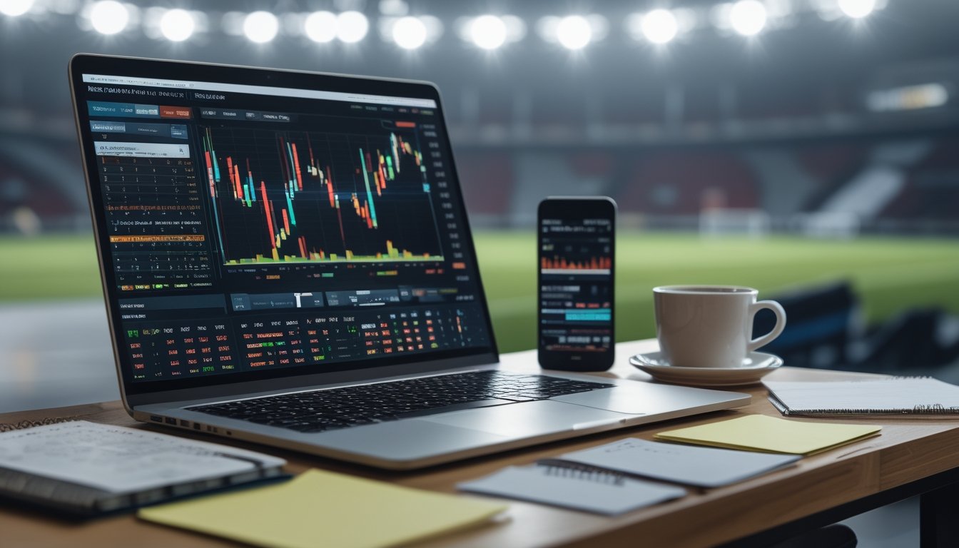 Seorang profesional sedang menganalisis pergerakan odds sepak bola handicap Asia di depan laptop dengan grafik dan catatan di meja kerja.