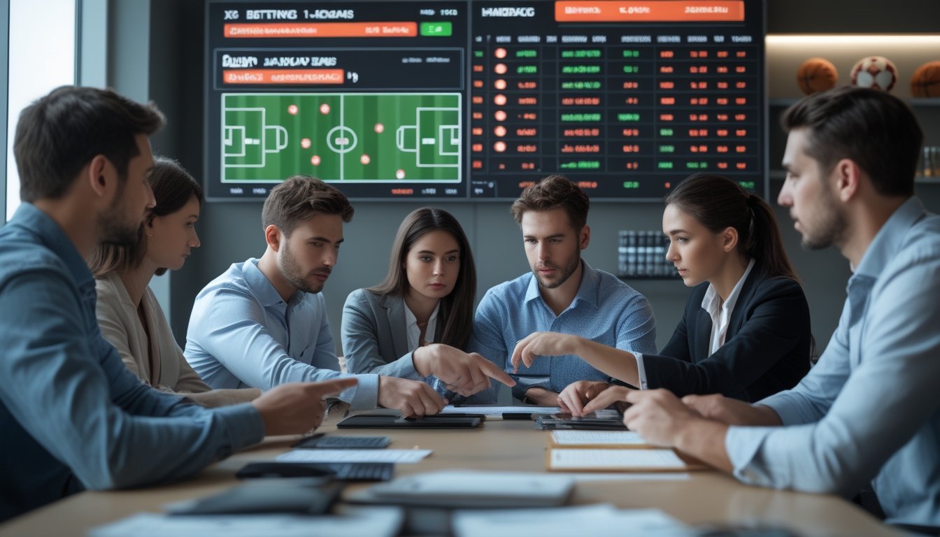 Sekelompok orang sedang menganalisis statistik pertandingan sepak bola di layar digital dengan fokus dan berdiskusi dalam ruangan modern.