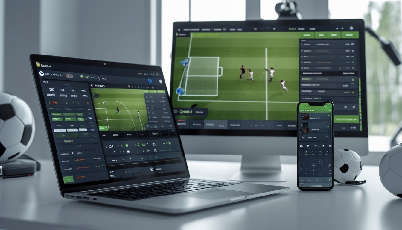 Seorang profesional bekerja di meja dengan laptop dan ponsel yang menampilkan data dan grafik terkait analisis taruhan sepak bola, dengan pertandingan sepak bola sedang berlangsung di layar besar di latar belakang.