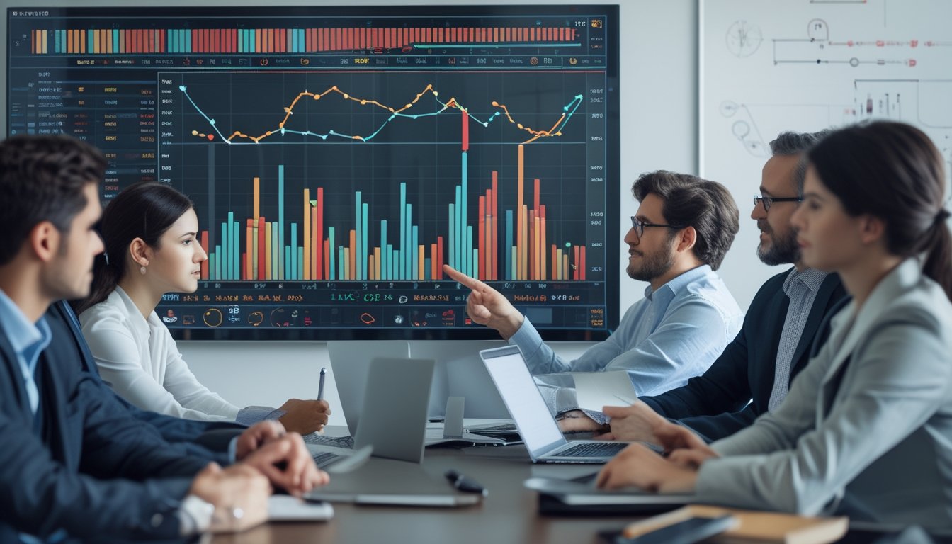 Sekelompok profesional sedang berdiskusi di ruang konferensi dengan layar besar yang menampilkan grafik statistik pertandingan sepak bola.