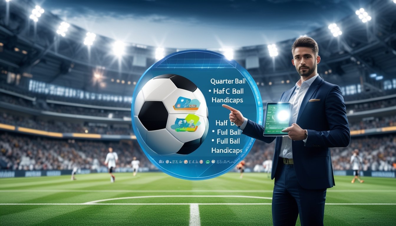 Seorang analis sepak bola menunjuk grafik digital yang menunjukkan konsep handicap Asia quarter ball, half ball, dan full ball di stadion sepak bola dengan penonton dan pemain di latar belakang.