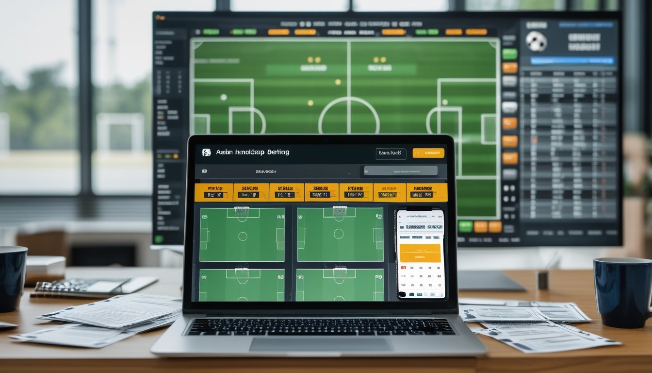 Meja kerja dengan laptop yang menampilkan antarmuka taruhan sepak bola handicap Asia, dikelilingi oleh slip taruhan, ponsel dengan skor pertandingan, dan cangkir kopi.