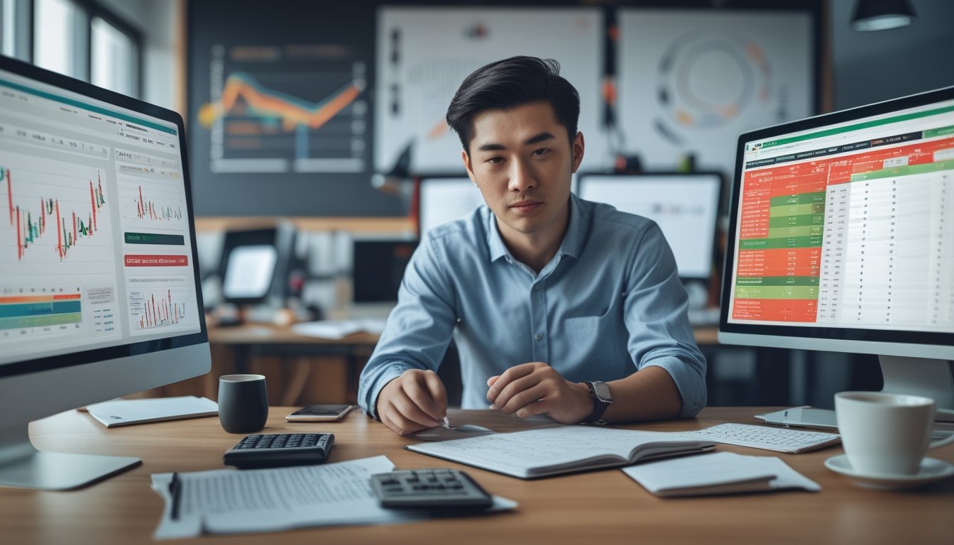 Seorang pria muda sedang menganalisis data taruhan olahraga di depan beberapa layar komputer di ruang kantor modern.