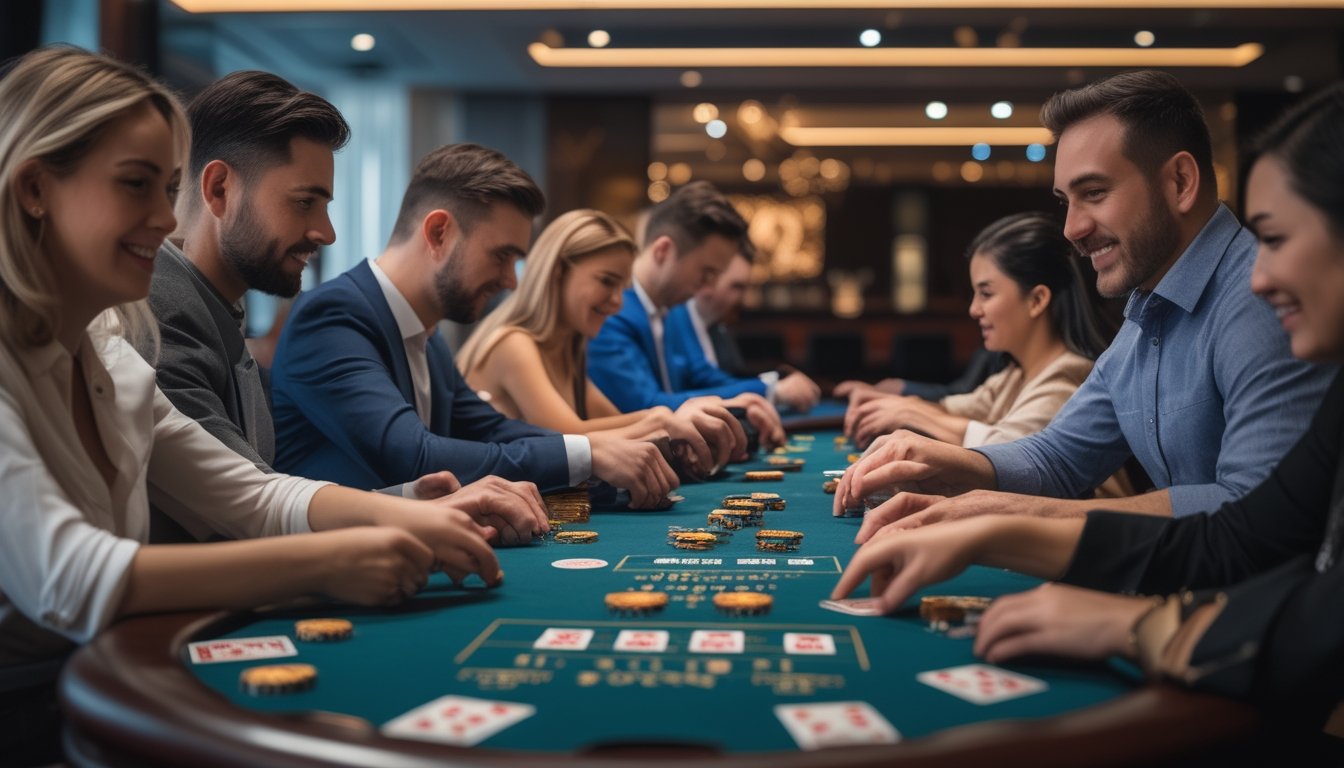 Meja poker di kasino dengan beberapa pemain yang sedang bermain kartu dan suasana mewah di latar belakang.