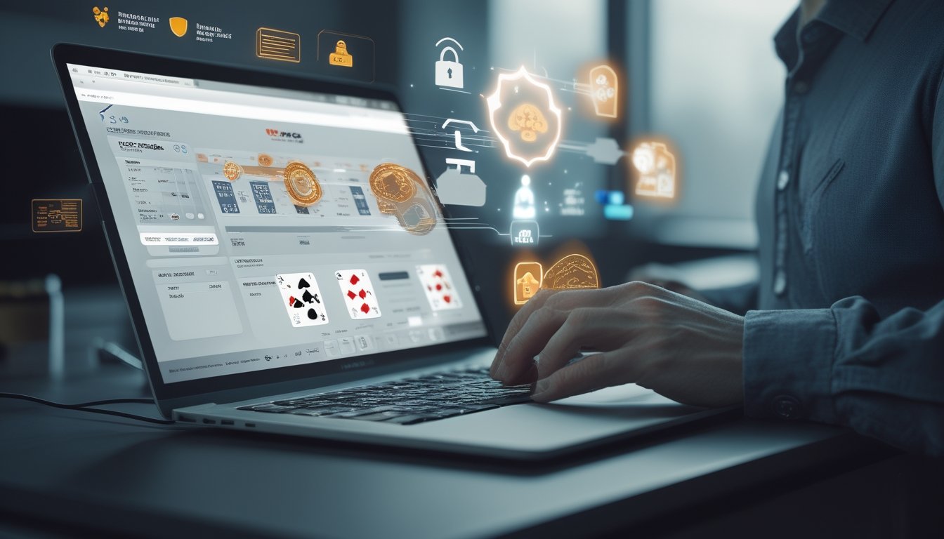Seseorang menggunakan komputer dengan tampilan permainan poker online yang aman dan resmi di layar.