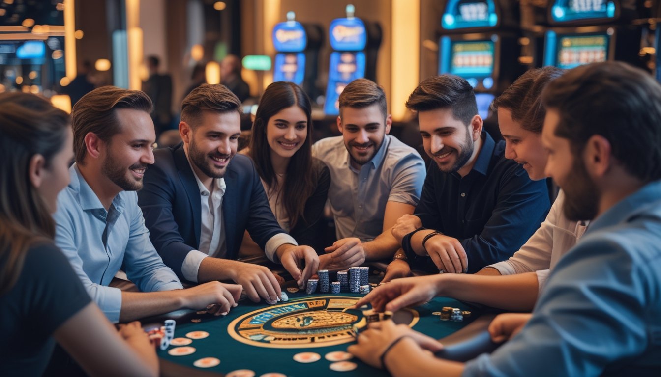 Beberapa orang bermain kartu poker dan Casino War di meja kasino dengan suasana yang ramai dan menarik.