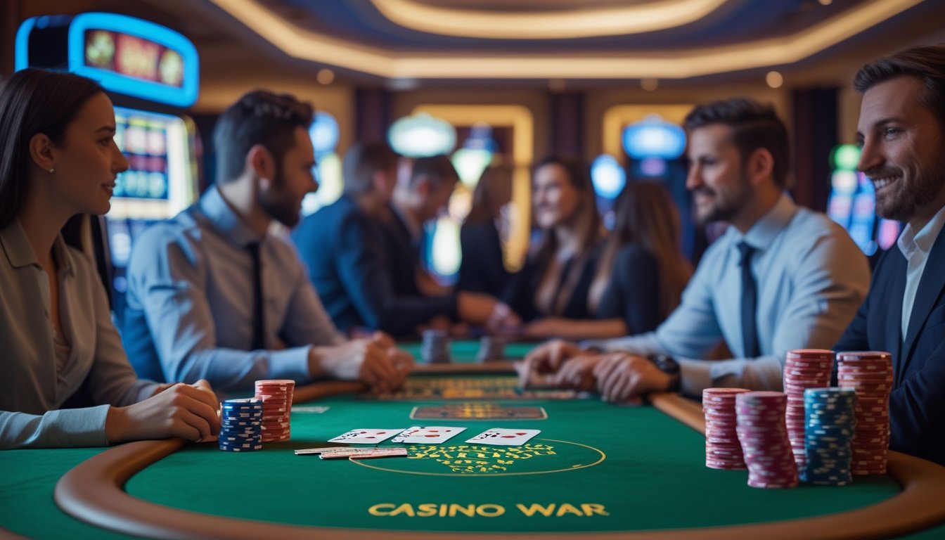 Meja kasino dengan kartu poker dan tumpukan chip, dikelilingi pemain yang fokus bermain Casino War Poker.