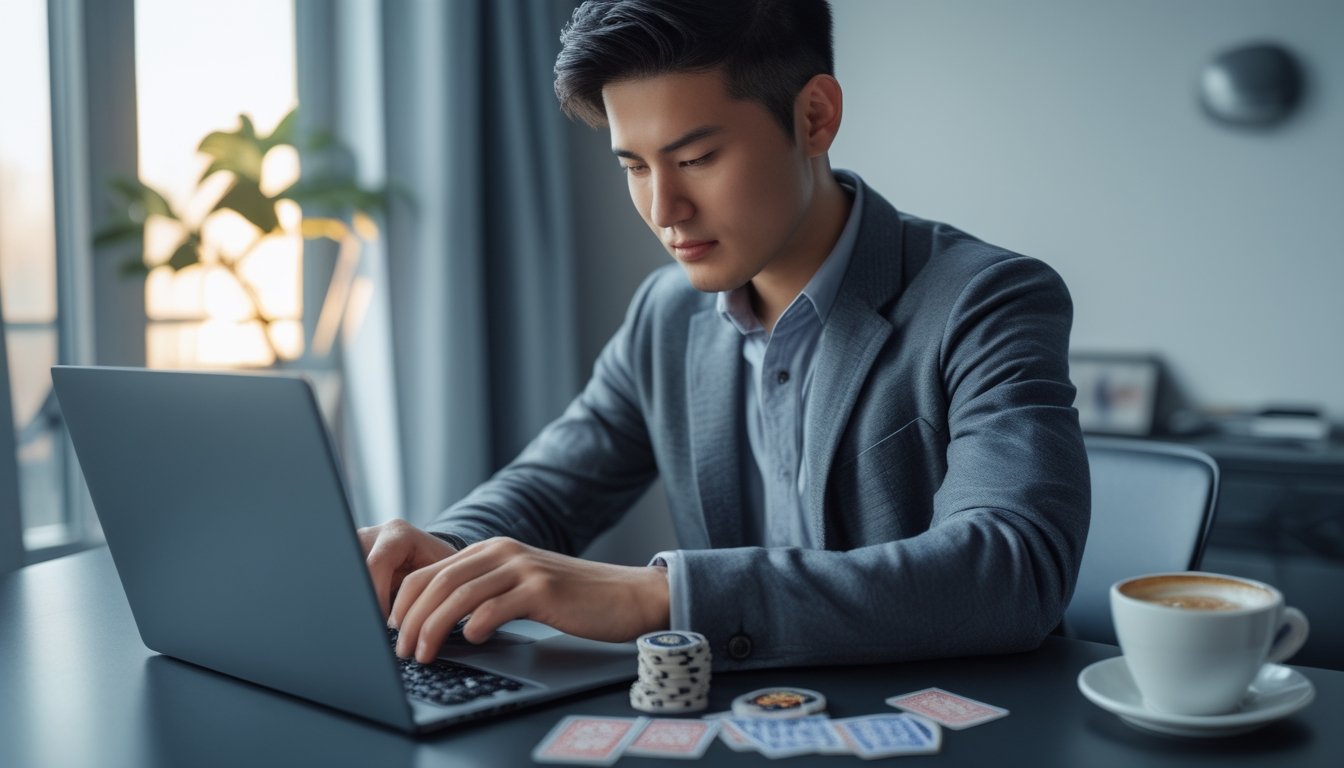 Seseorang sedang bermain Chinese Poker di depan laptop dengan ekspresi fokus di sebuah meja kerja modern.