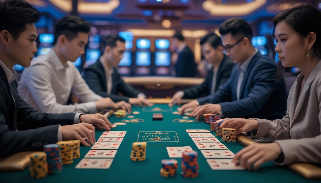 Meja poker dengan kartu dan chip yang tertata rapi, beberapa pemain fokus bermain Chinese Poker di dalam kasino.