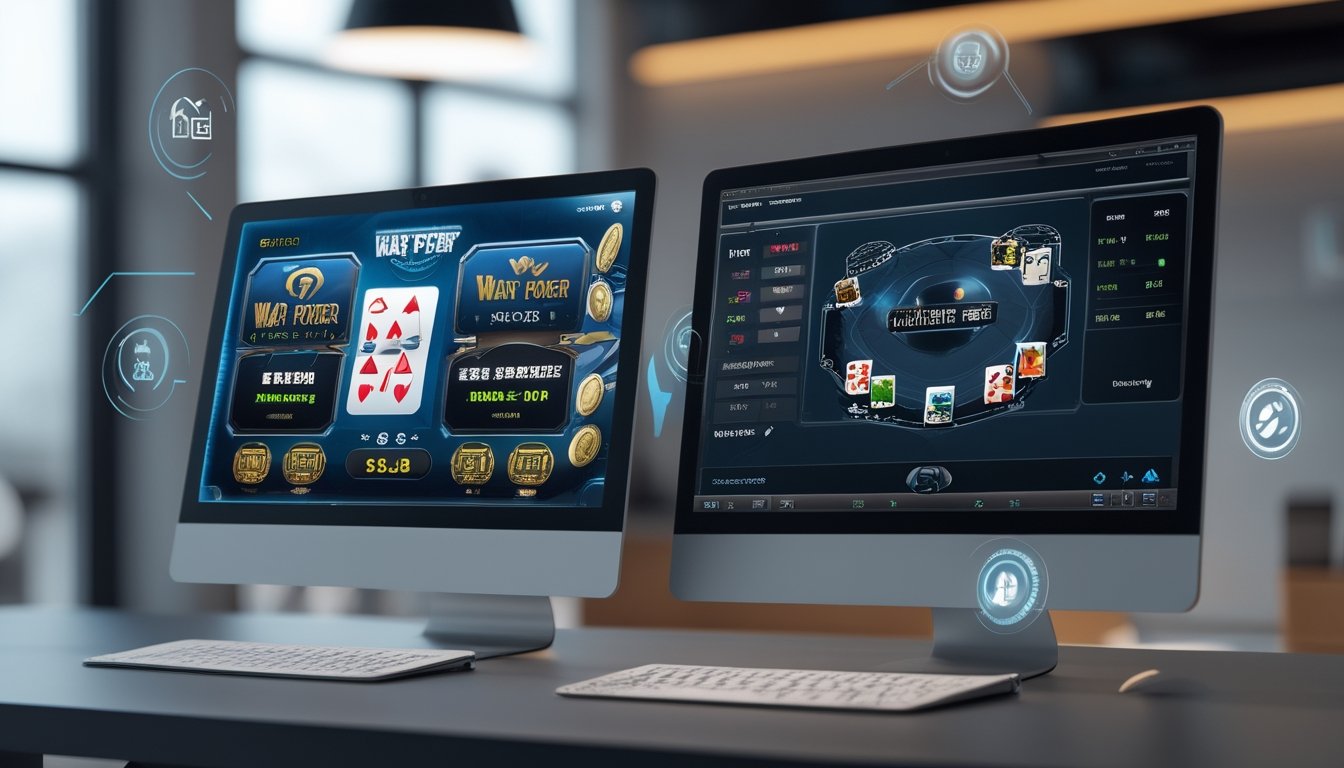 Dua layar perangkat menampilkan permainan poker online War Poker dan Chinese Poker secara berdampingan di atas meja modern.