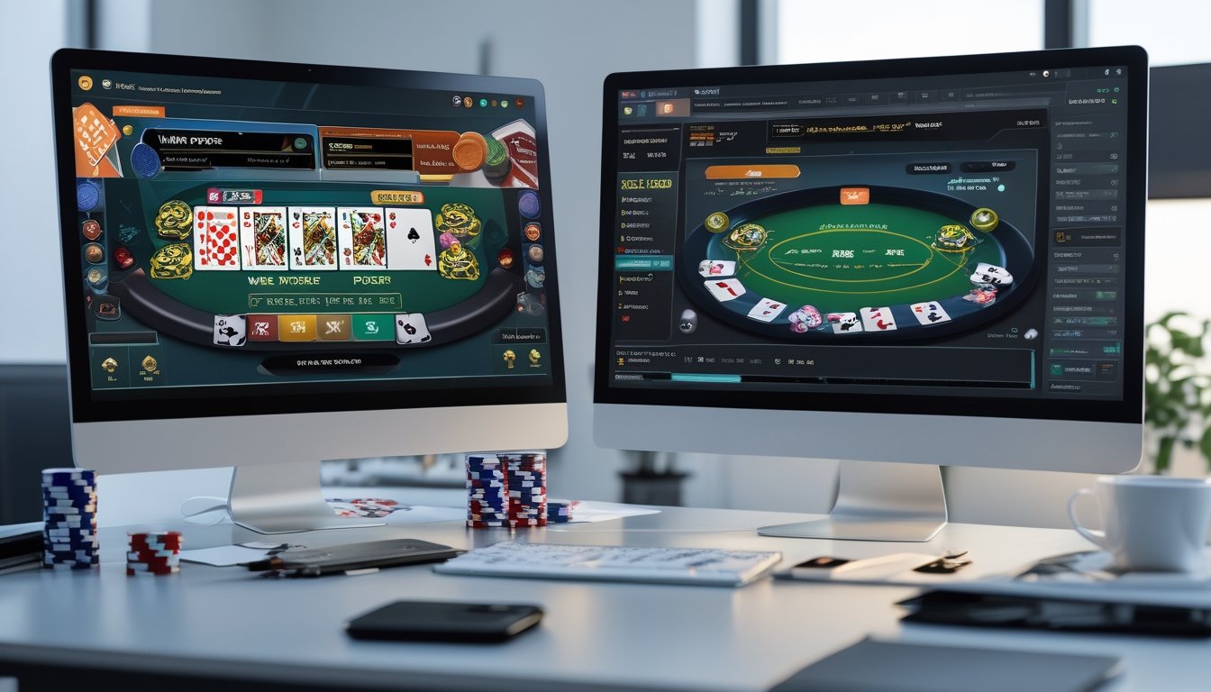 Dua layar komputer berdampingan menampilkan antarmuka permainan poker online yang berbeda, dengan perlengkapan meja kerja seperti chip poker dan kartu bermain di sekitarnya.