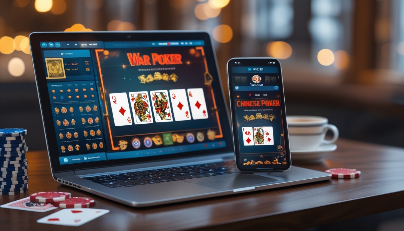 Layar laptop dan ponsel menampilkan permainan kartu poker online dengan kartu dan chip di meja kayu.
