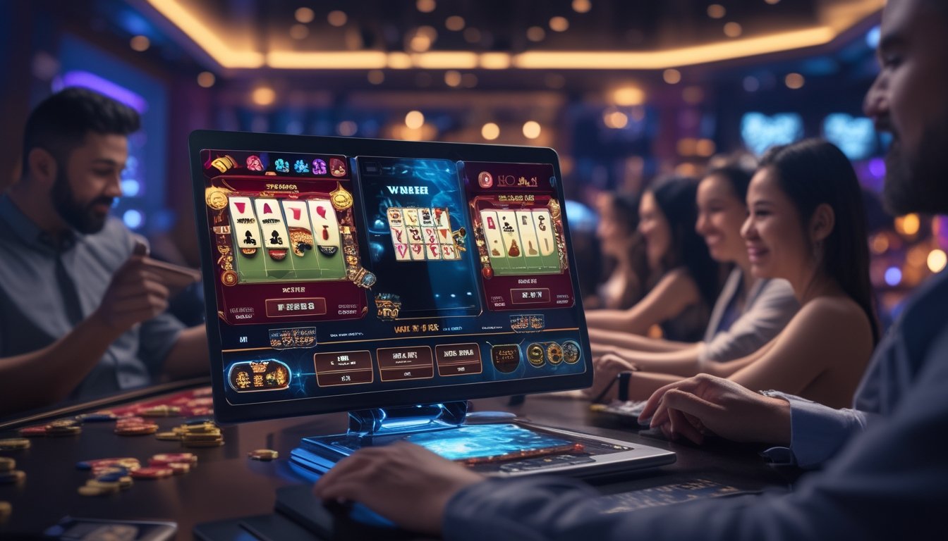 Orang-orang bermain permainan kartu War Poker dan Chinese Poker di laptop dan ponsel dalam suasana kasino online yang mewah.