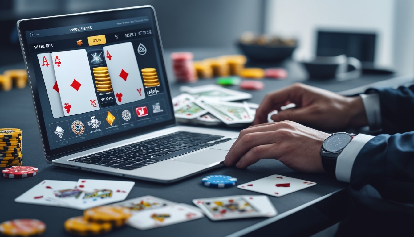 Meja kerja dengan laptop dan ponsel yang menampilkan permainan poker online, kartu dan chip poker tersebar di meja, suasana fokus dan strategis.