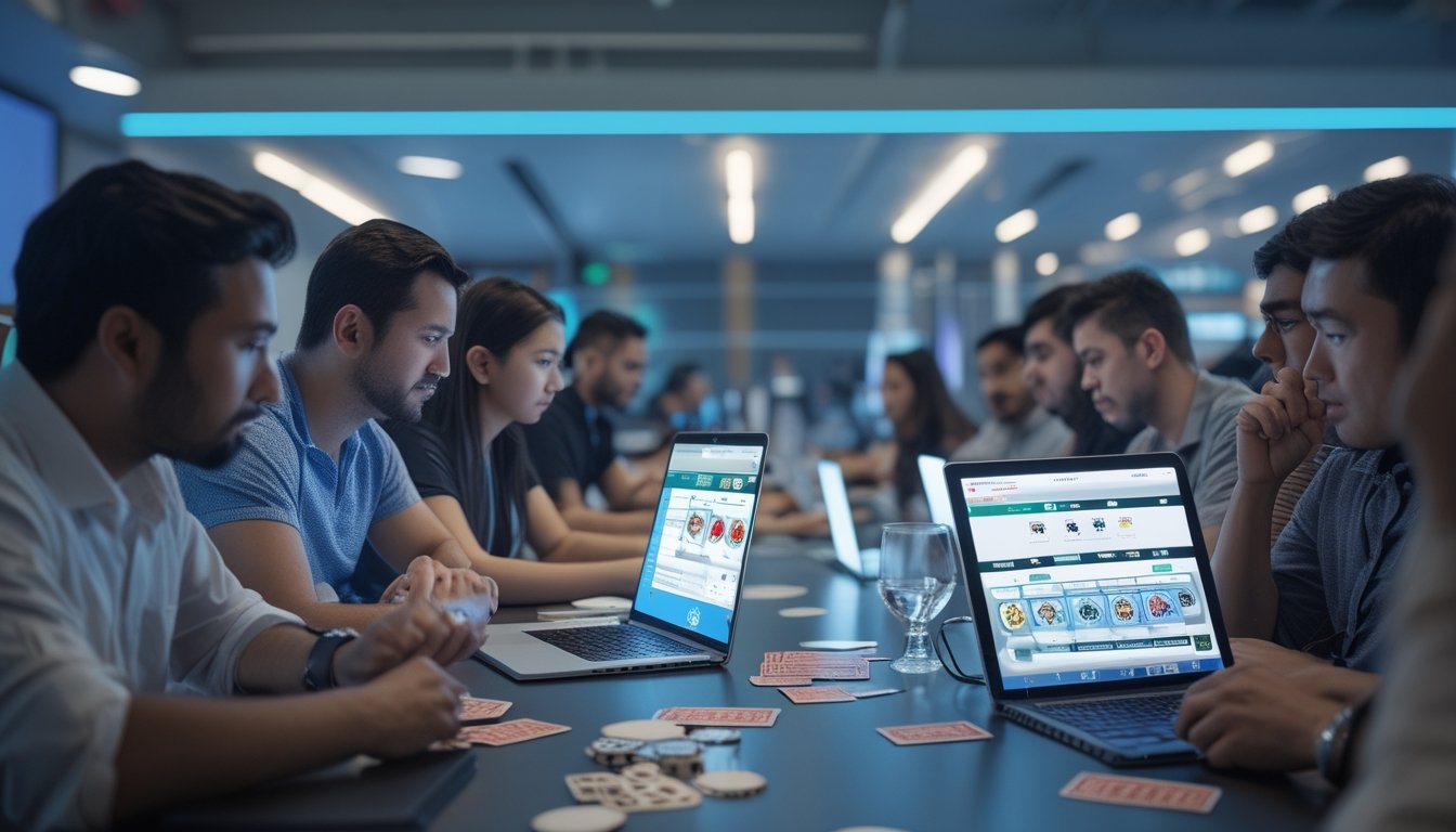 Beberapa orang sedang bermain poker online menggunakan perangkat digital di meja modern dengan suasana fokus dan strategis.
