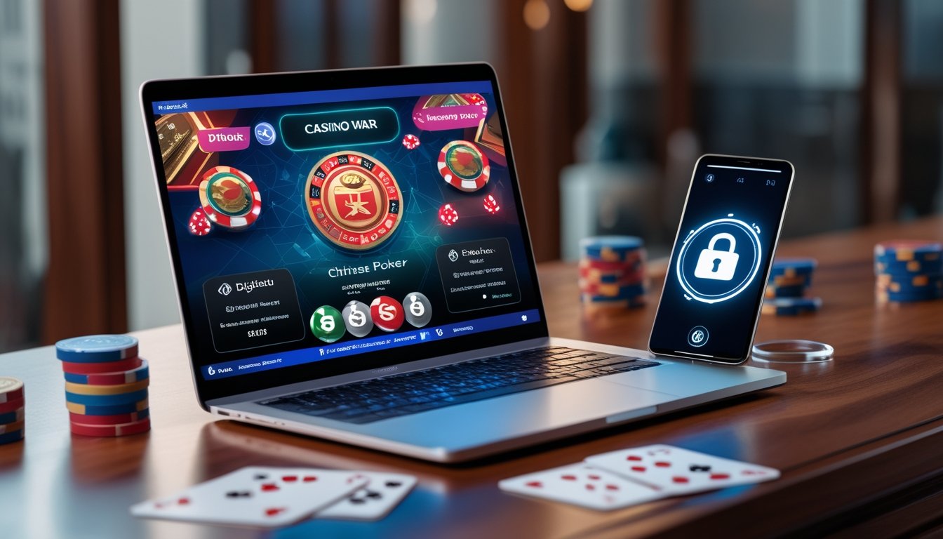 Layar laptop dan ponsel yang menampilkan permainan Casino War Poker dan Chinese Poker dengan simbol transaksi cepat dan aman.