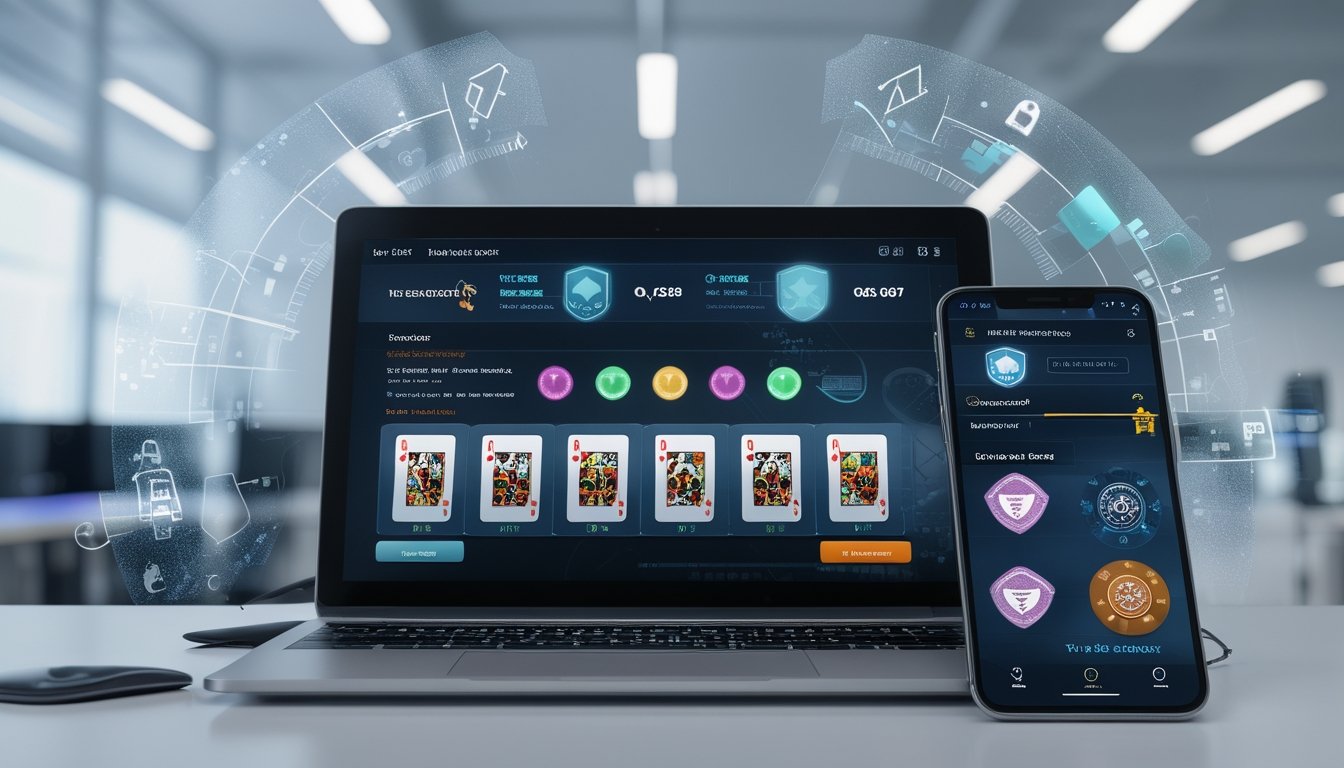 Seorang pengguna menggunakan laptop dan ponsel dengan tampilan permainan kartu poker, dikelilingi ikon keamanan dan simbol transaksi cepat dan aman.