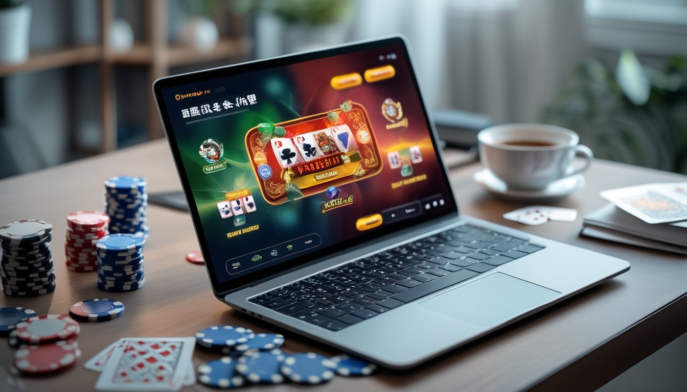 Sebuah laptop di atas meja kayu dengan tampilan permainan poker online, dikelilingi oleh chip poker dan kartu remi.