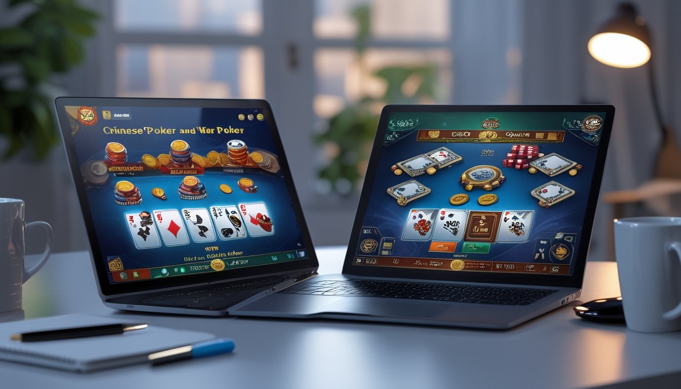 Dua perangkat digital di atas meja menampilkan permainan poker online dengan kartu dan chip, suasana fokus dan nyaman.