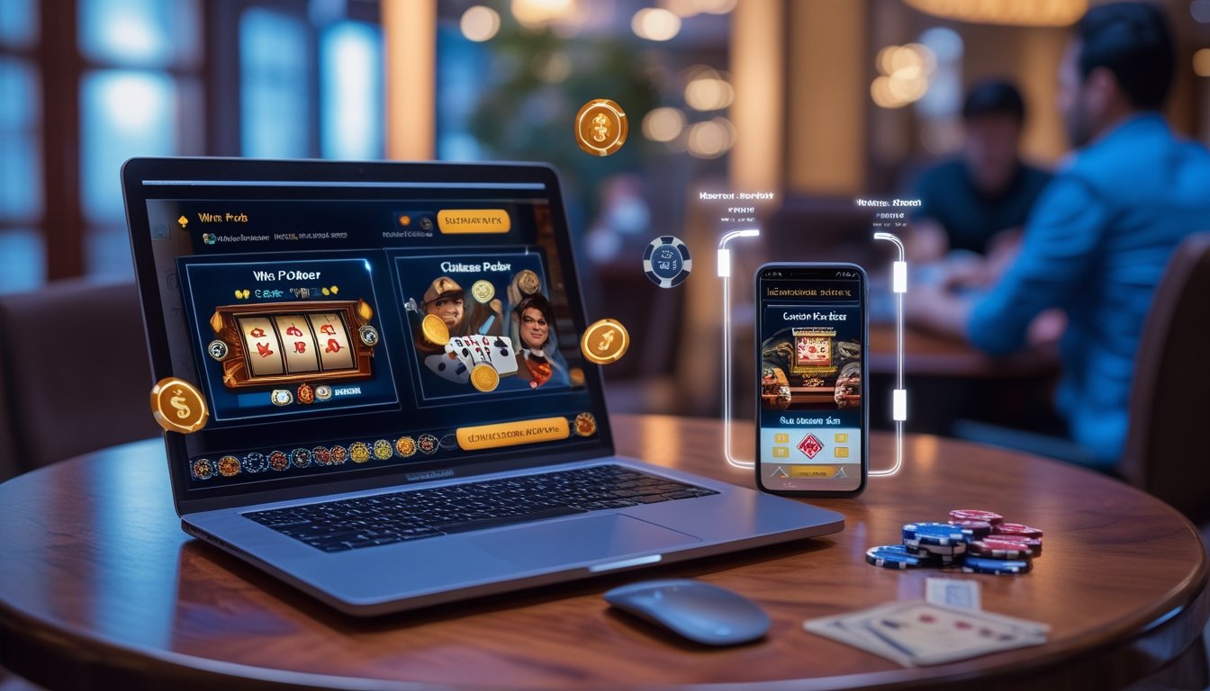 Suasana kasino modern dengan laptop dan ponsel menampilkan permainan kartu, dikelilingi oleh chip poker dan kartu bermain.
