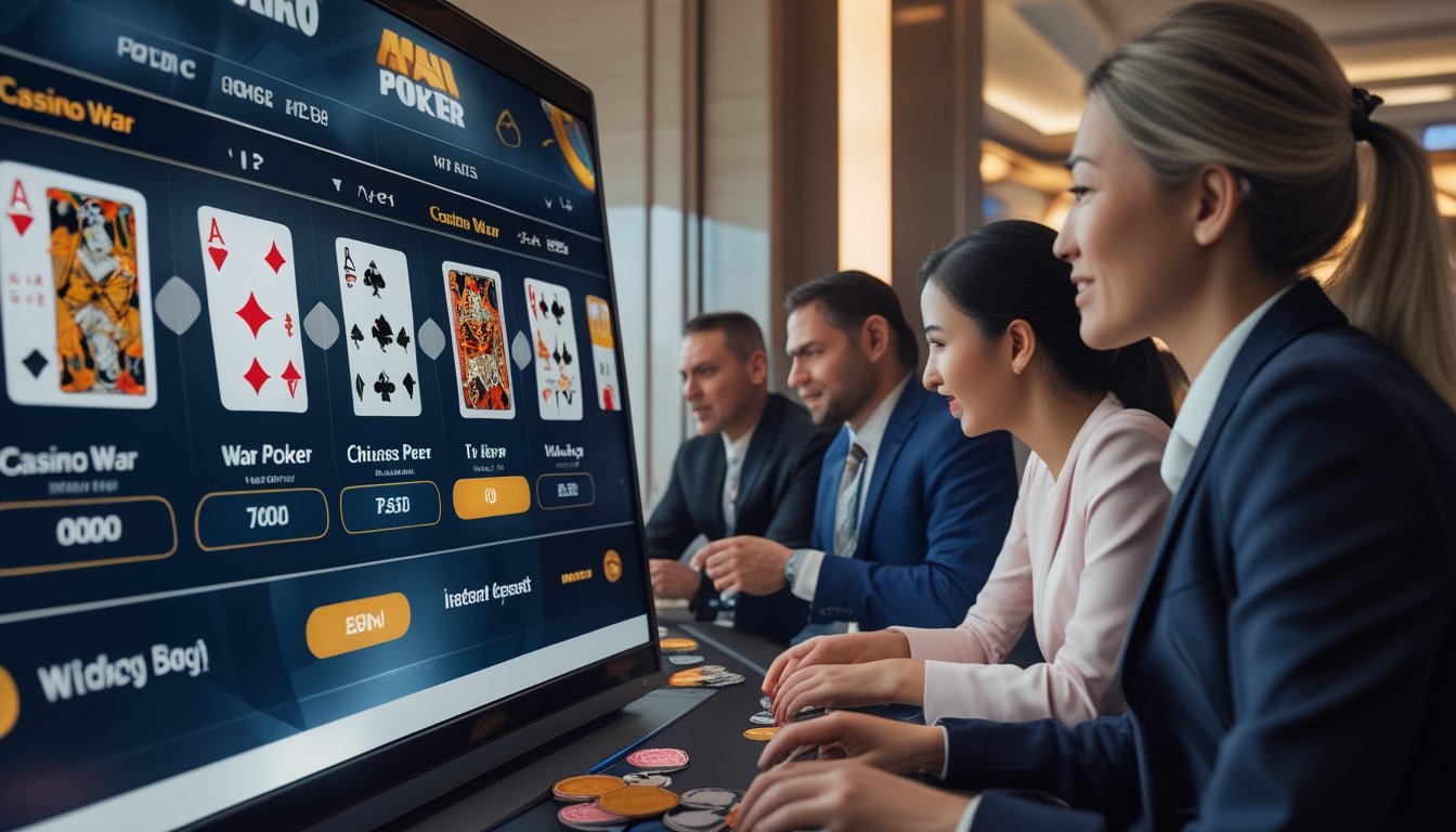 Orang-orang bermain poker di lingkungan kasino dengan layar digital yang menampilkan kartu dan chip poker.