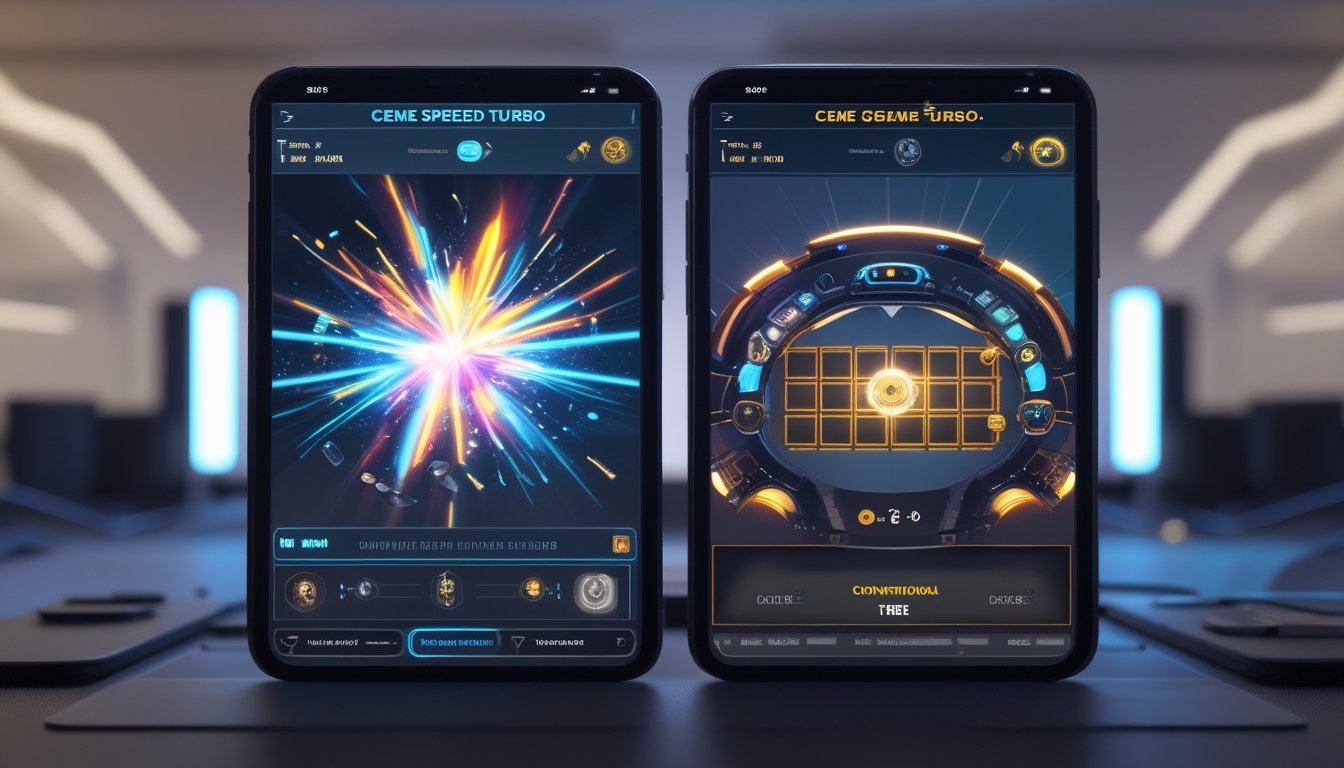 Dua perangkat digital berdampingan menampilkan perbedaan antarmuka permainan Ceme Speed Turbo yang dinamis dan Ceme konvensional yang lebih sederhana.