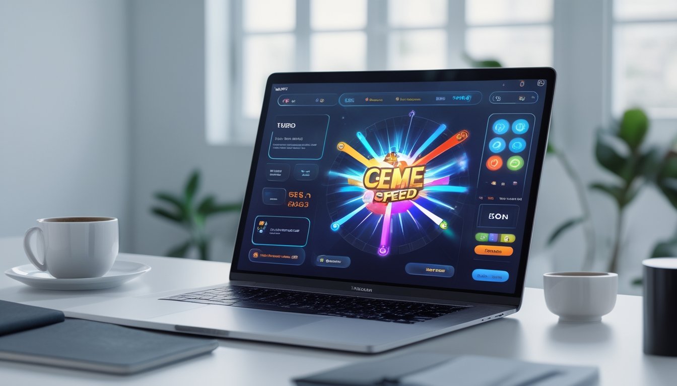 Layar laptop menampilkan permainan Ceme Speed dengan antarmuka yang mudah digunakan di meja kerja minimalis.