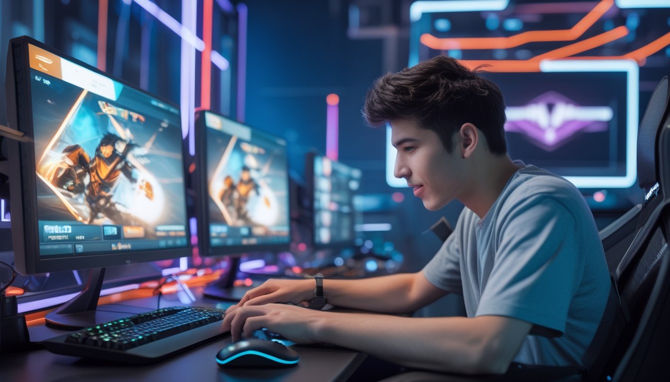 Seorang pria muda sedang bermain permainan kartu digital dengan antusias di depan komputer modern dengan beberapa layar yang menampilkan grafik berwarna-warni.
