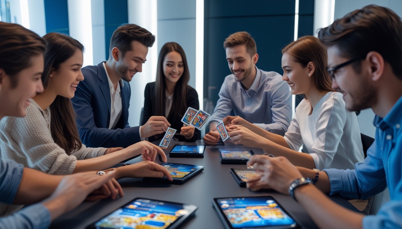 Sekelompok orang muda bermain kartu Ceme Speed Turbo dengan perangkat digital di meja dalam ruangan modern yang terang.