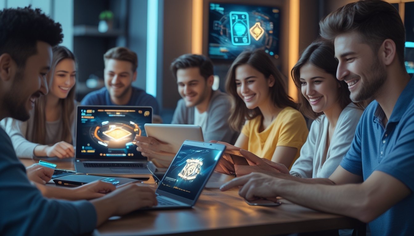 Sekelompok orang muda bermain game kartu online di ruangan yang nyaman dengan perangkat digital.