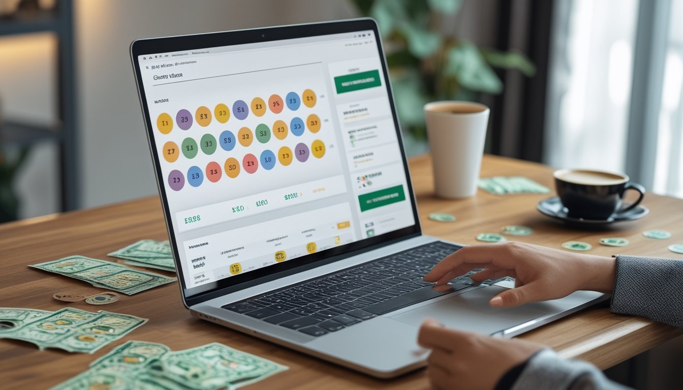 Meja kerja dengan laptop yang menampilkan antarmuka situs lotere, bola lotere berwarna-warni, tiket lotere, dan ponsel dengan aplikasi lotere terbuka.