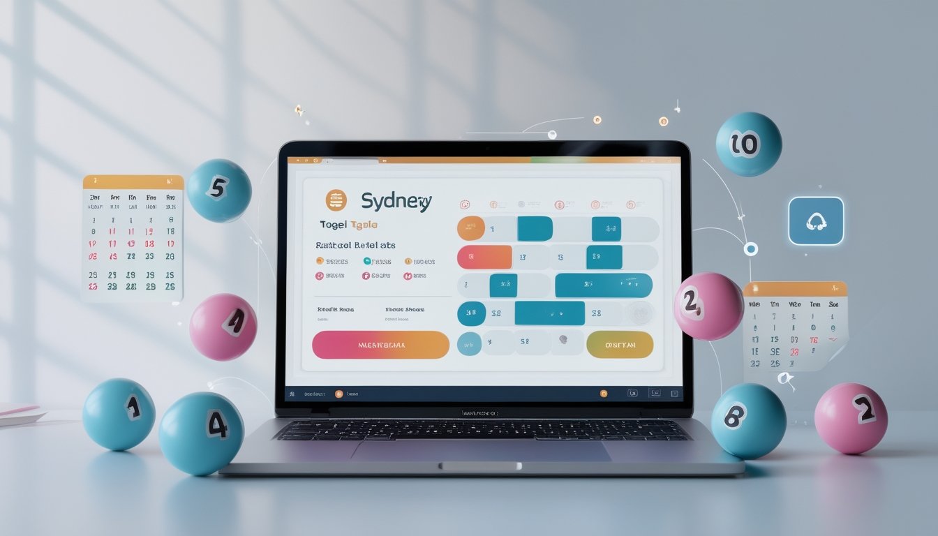 Seorang pengguna duduk di depan laptop yang menampilkan antarmuka platform togel dengan bola togel dan kalender di sekitarnya.