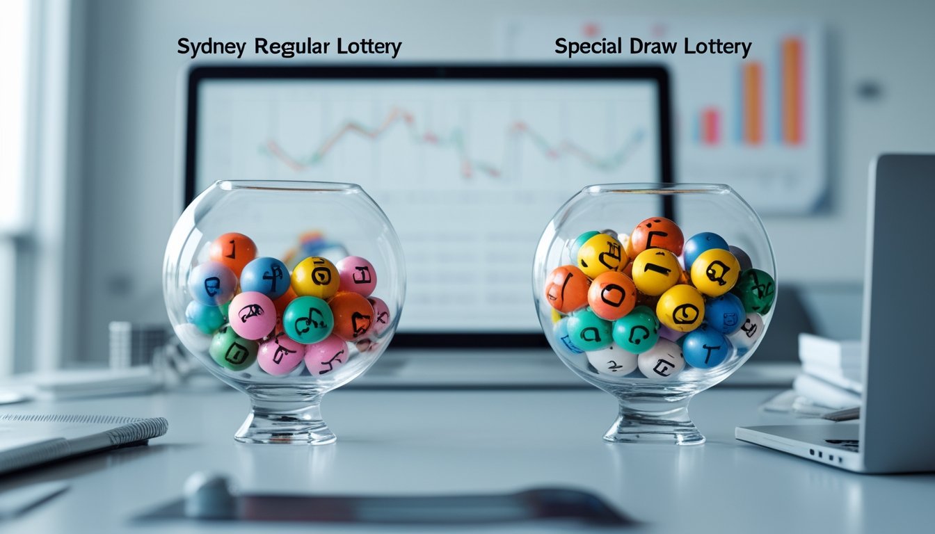 Dua mangkuk kaca berisi bola lotere berwarna-warni di atas meja modern, satu dengan angka biasa dan satu dengan simbol khusus, dengan layar digital menampilkan grafik di latar belakang.
