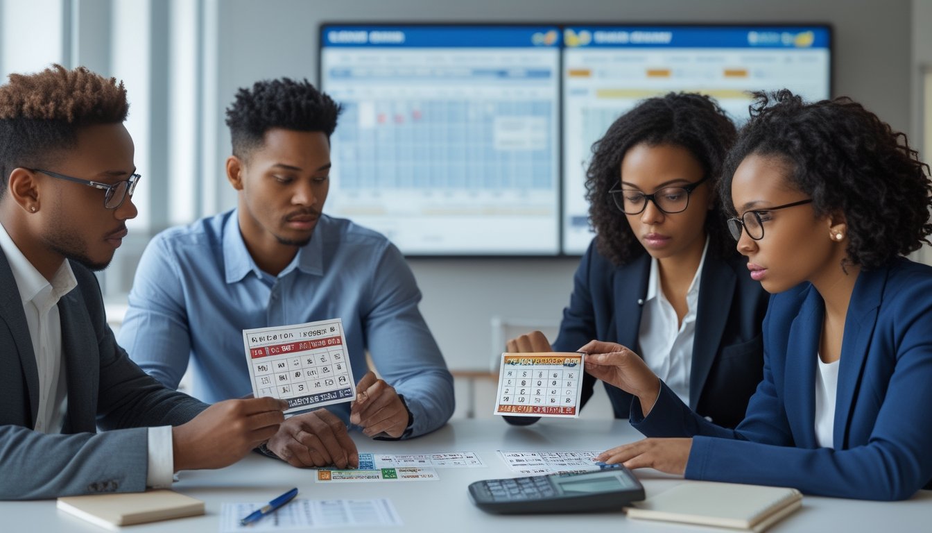 Beberapa orang di kantor sedang membandingkan tiket togel reguler dan special draw sambil melihat grafik dan data di layar digital.