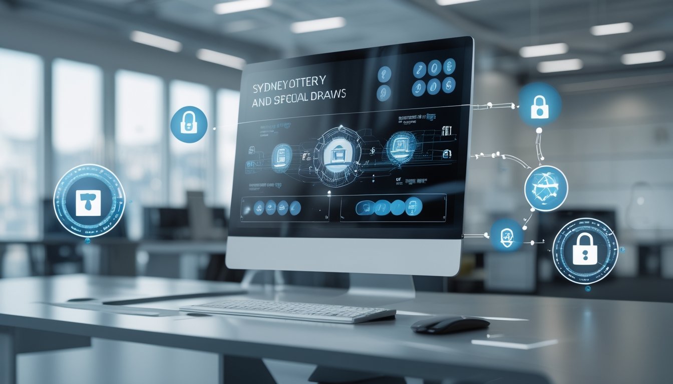 Sebuah komputer modern menampilkan antarmuka digital dengan grafik abstrak yang menggambarkan sistem pengundian lotere secara online di ruang kantor yang terang dan bersih.