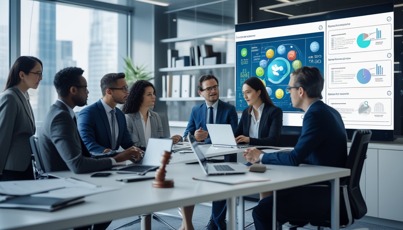 Sekelompok profesional sedang berdiskusi di ruang kantor modern dengan layar digital menampilkan grafik data dan elemen terkait undian lotere.