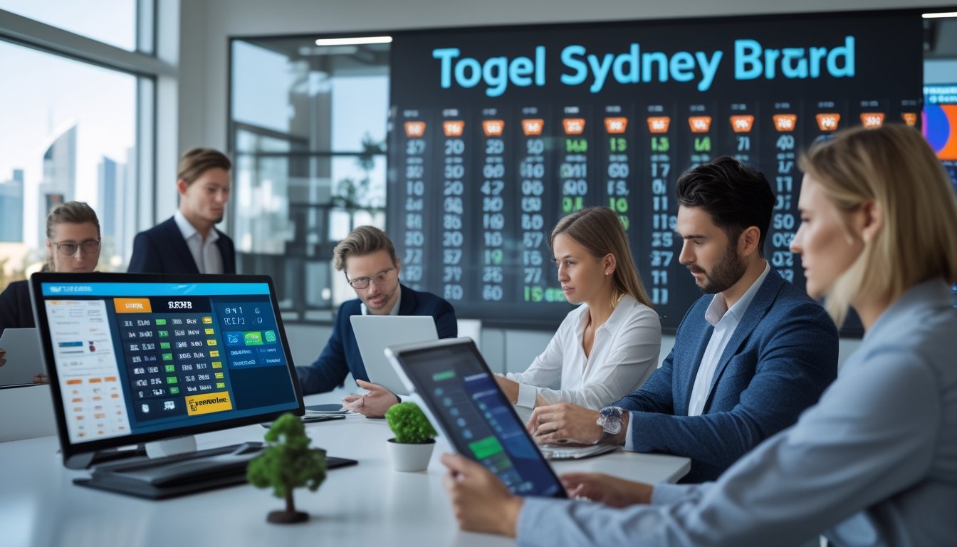 Orang-orang sedang menganalisis data togel di ruang kantor dengan pemandangan kota Sydney di latar belakang.