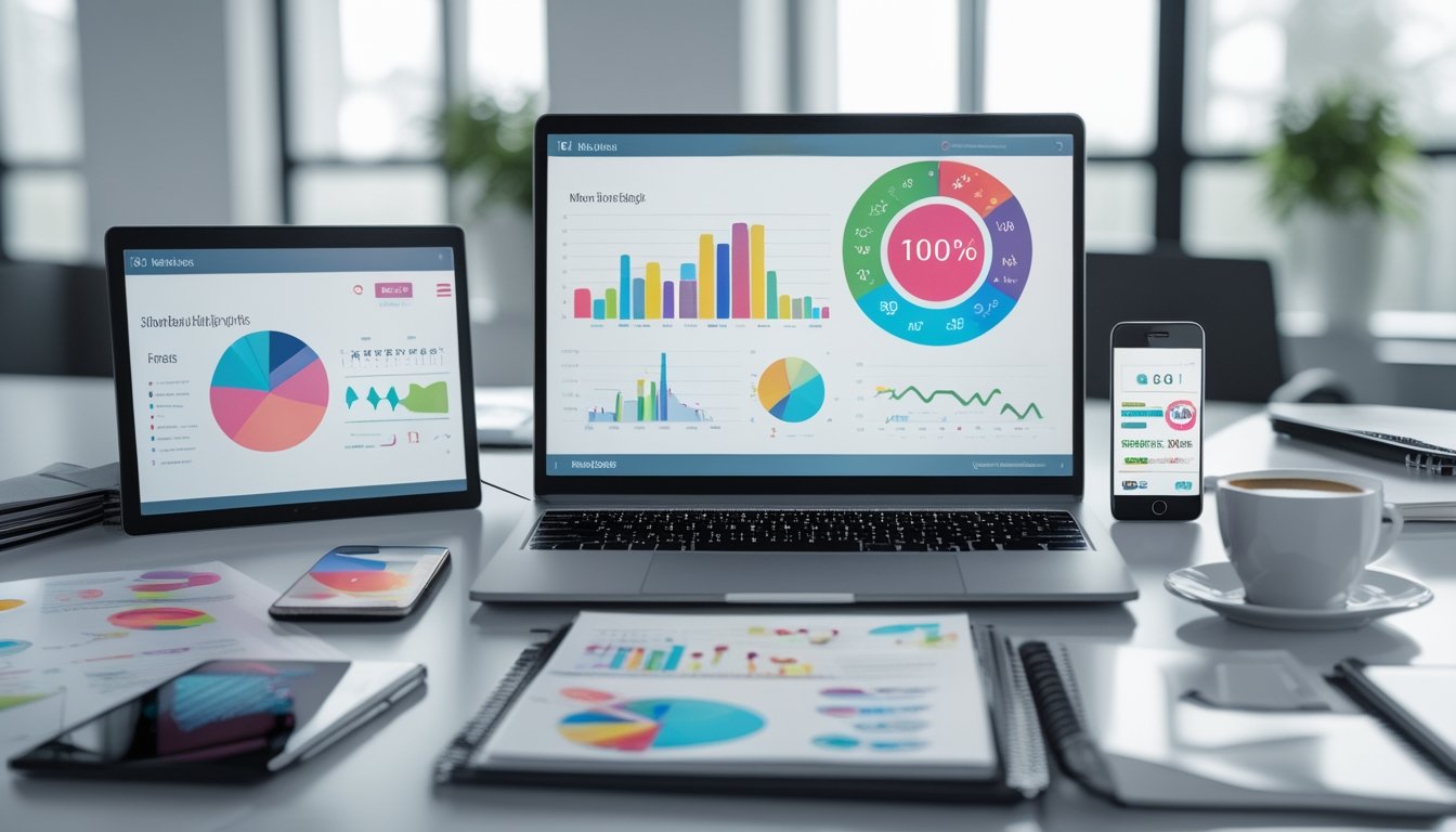 Sebuah ruang kerja modern dengan laptop yang menampilkan grafik dan data statistik, dokumen rapi di meja, dan latar kantor terang dengan tanaman dan jendela besar.