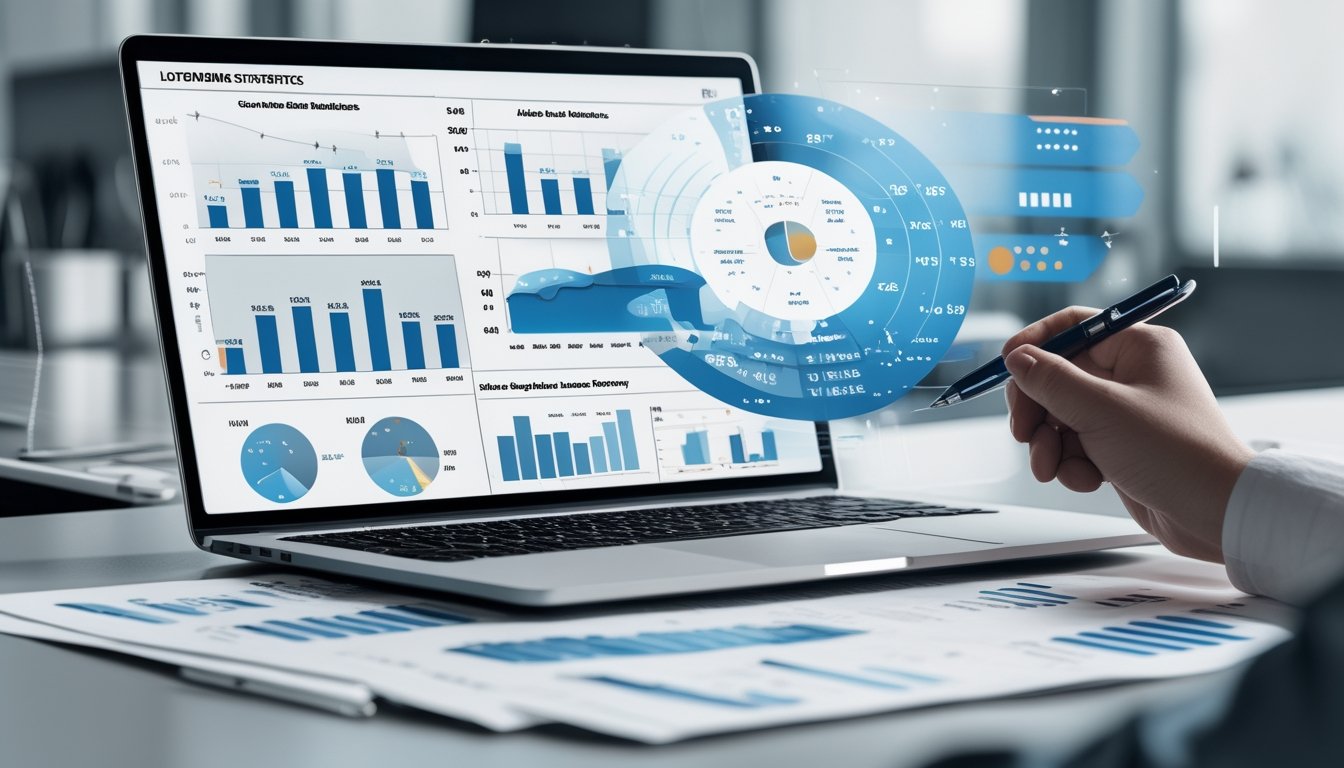 Sebuah meja kerja dengan laptop yang menampilkan grafik statistik dan tangan seseorang menunjuk layar dengan pena, dikelilingi oleh lembar data di lingkungan kantor yang terang.