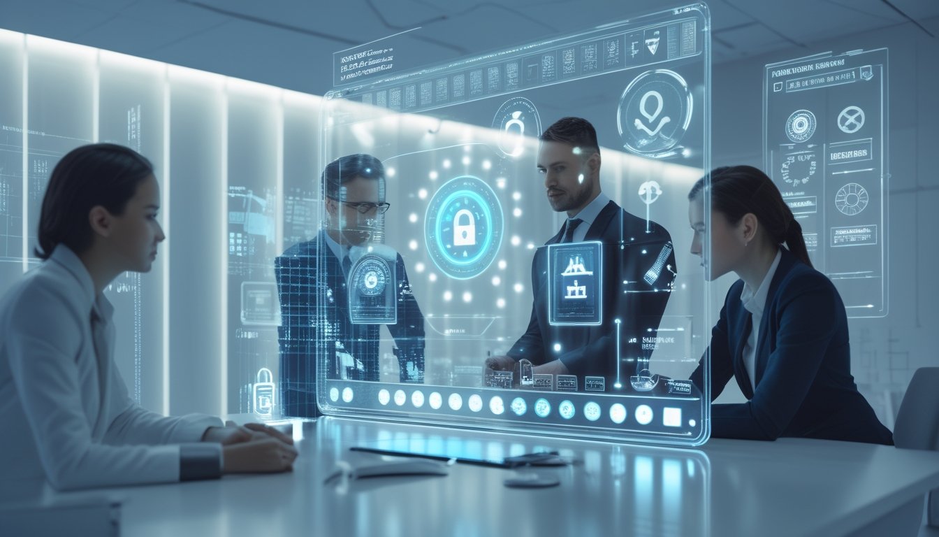 Orang-orang profesional sedang berinteraksi dengan layar digital transparan yang menampilkan simbol keamanan data dan grafik di ruang kerja modern.