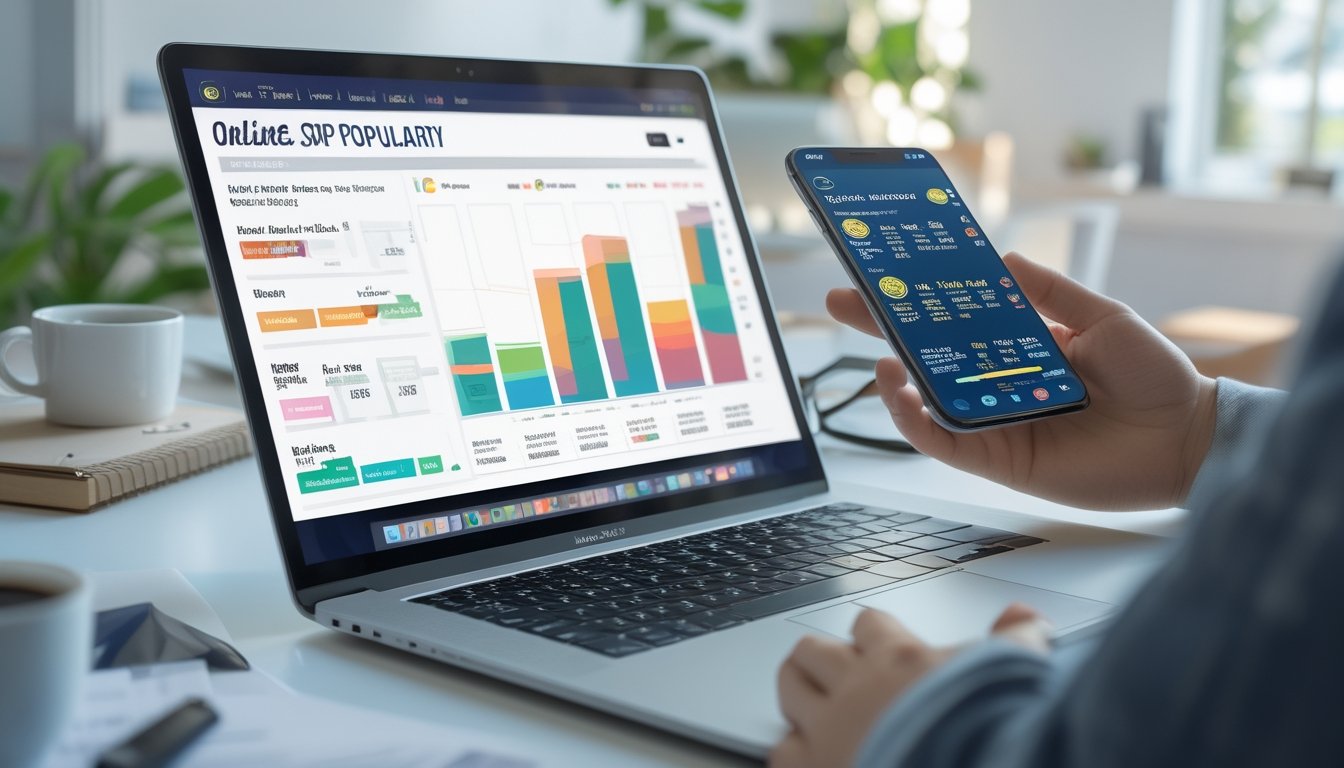 Seseorang sedang bekerja dengan laptop dan ponsel yang menampilkan grafik dan data terkait togel Sydney dan undian khusus di sebuah ruang kerja modern.
