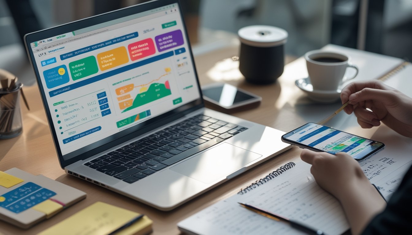 Meja kerja modern dengan laptop menampilkan grafik statistik togel Sydney dan perangkat digital lainnya.