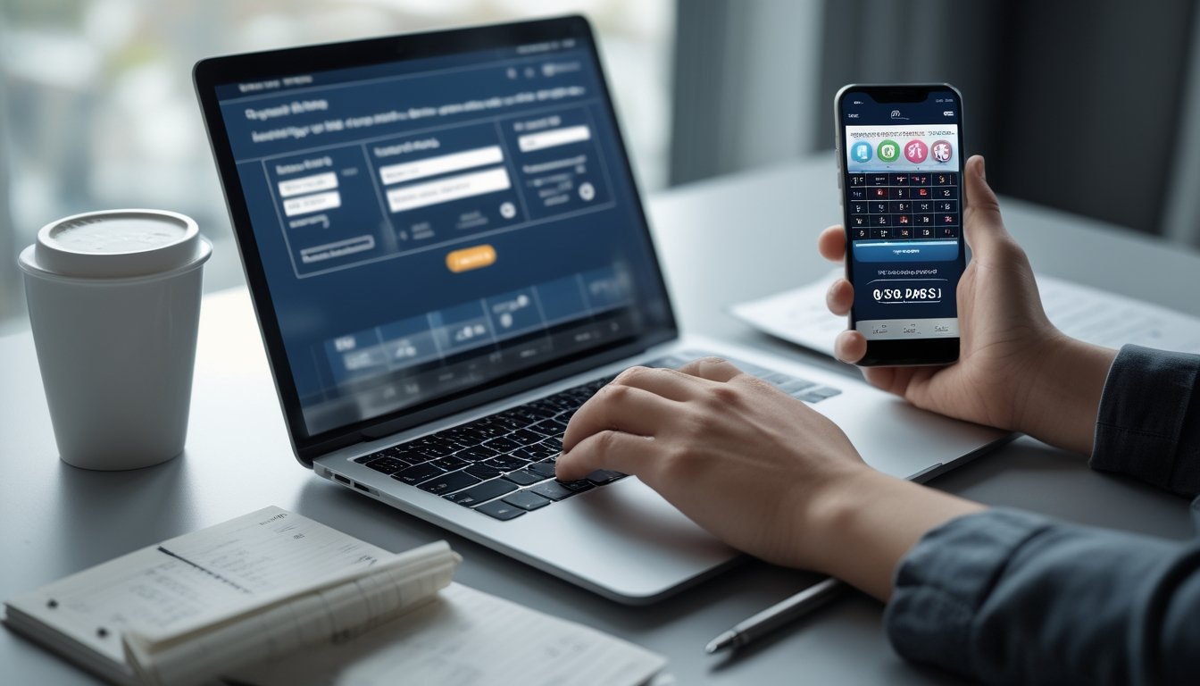 Meja kerja dengan laptop, tangan seseorang sedang mengetik, smartphone dengan aplikasi togel, dan alat tulis di sekitar, suasana tenang dan fokus.