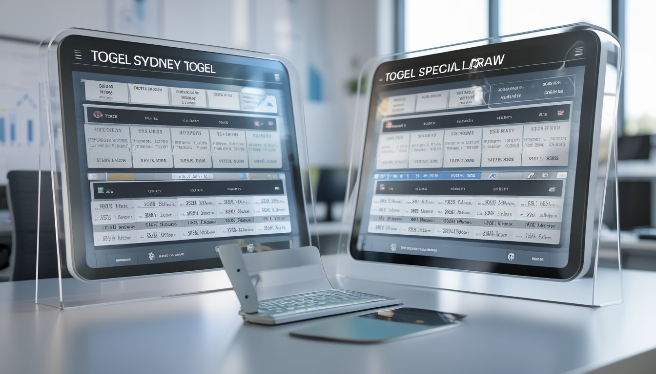 Dua layar digital berdampingan menampilkan antarmuka tiket lotere yang berbeda di sebuah kantor modern dengan peralatan teknologi di latar belakang.
