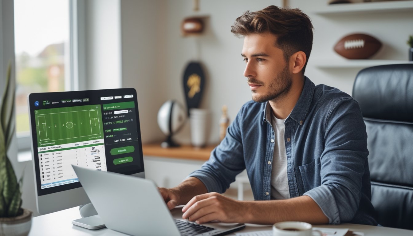 Seorang pria muda duduk di depan laptop di ruang kerja modern dengan dekorasi bertema sepak bola, fokus pada layar komputer.