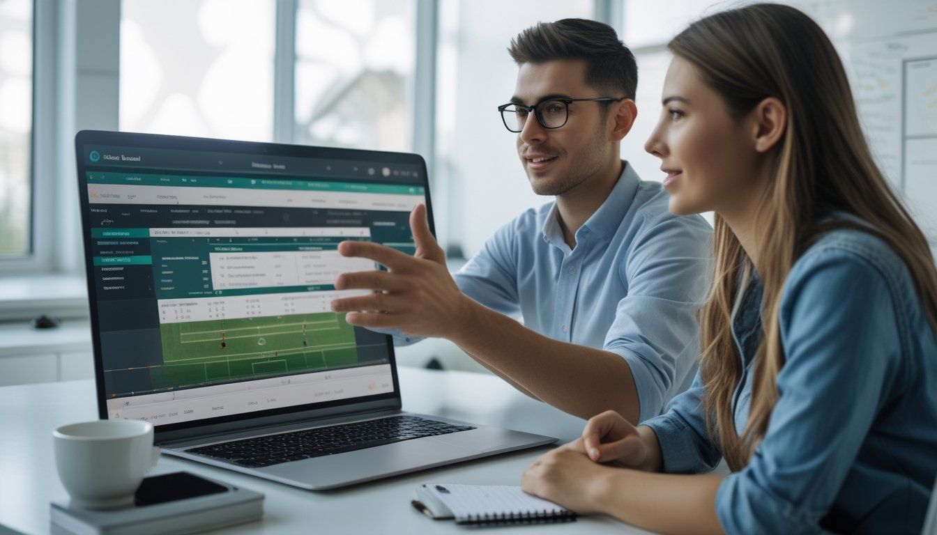Dua orang muda sedang berdiskusi dan menganalisis platform taruhan sepak bola di depan laptop di sebuah kantor yang terang dan rapi.