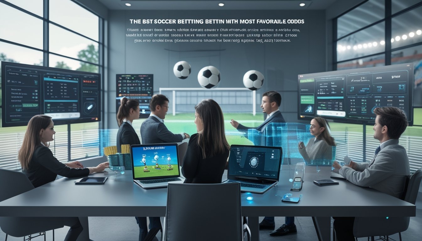 Beberapa orang sedang melihat layar digital besar yang menampilkan data dan peluang taruhan sepak bola di ruangan modern dengan perangkat teknologi canggih.